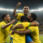 Jogadores da Seleção Brasileira comemoram gol durante vitória sobre a Austrália em Brisbane