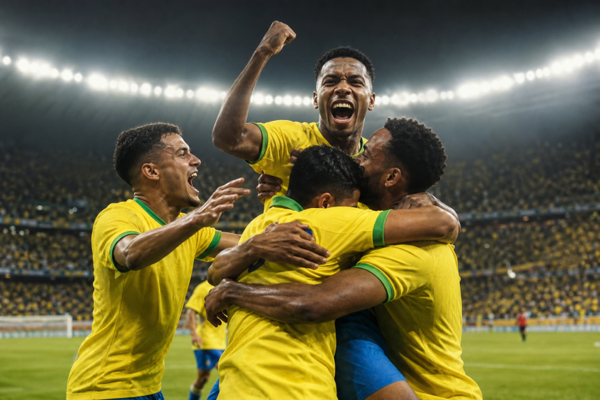Jogadores da Seleção Brasileira comemoram gol durante vitória sobre a Austrália em Brisbane